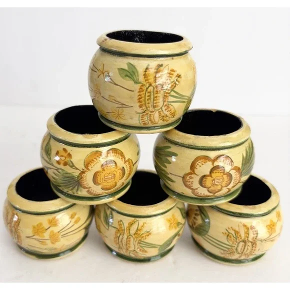 Set of 6 Vintage Wood Napkin Rings Folk Art Floral Hand Painted Boho Cottagecore