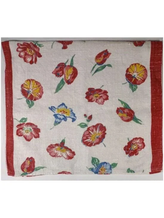 Vtg Floral Linen Rustic Weave Tea Towel 16