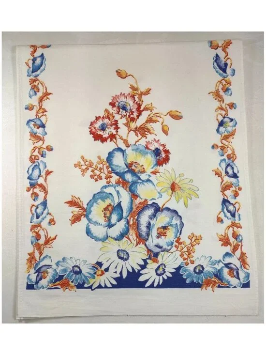 Vtg Heavy Cotton Tea Towel Floral blues yellow oranges 15.5