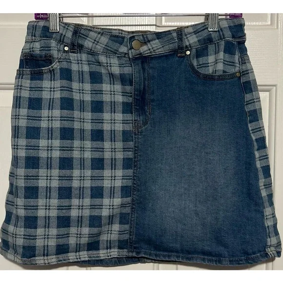 Wonder Nation Girl's Denim Blue Off White Plaid Flannel Look Skirt Size XL 14-16