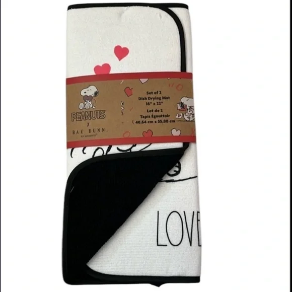 🆕 2 Pack Peanuts Dish Drying Mats Snoopy Dancing Black White Hearts 16”x22”