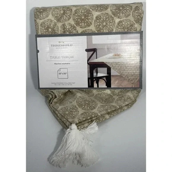 Threshold Brown Circles White Tassels Table Throw Linen Cotton 50