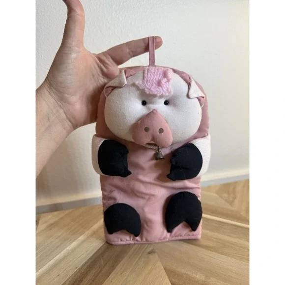 VTG Pink Plush Piggy w/bell Hanging‎ Potholder Cottagecore Farmhouse Adorable