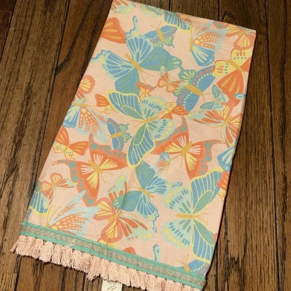 Matilda Jane Butterfly Kitchen‎ Hand Towel Cotton Peach Colored Fringe Hem