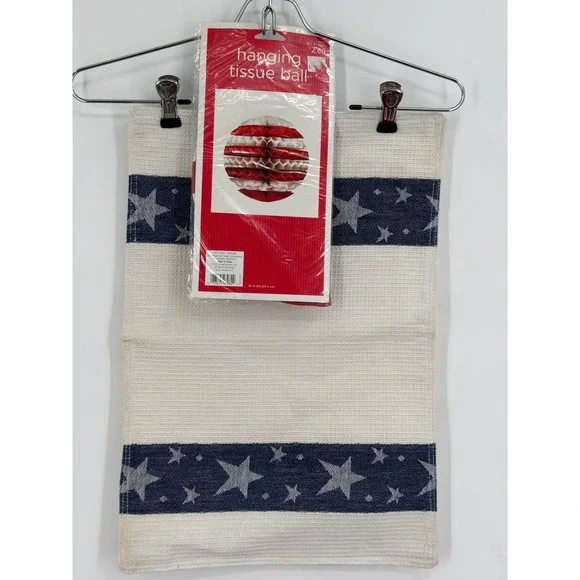 Patriotic Waffle Weave Placemat & Hanging Tissue Ball Decor Stars Stripes July 4