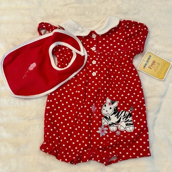 Vtg Okie Dokie Romper Girl 3-6M Y2K Red Polka Dot w/‎ JCPenney Photo Tag