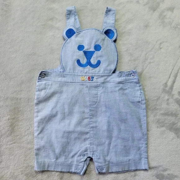 Guess‎ Baby Boy 12M Blue Bear Embroidered Shortall Overalls Chambray Adjustable