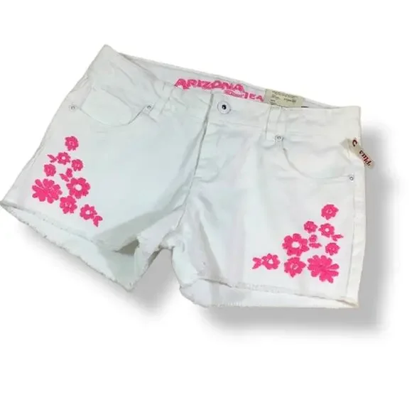 Arizona Jean Co Girls Shorts Sz 12.5 Plus Pink Embroidered Flowers White Shortie