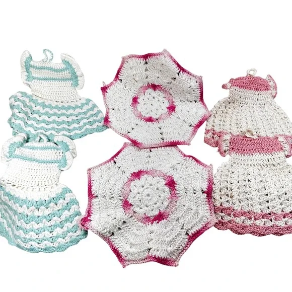 Vintage Handmade Crochet Dress Umbrella Potholder Set Pink Blue‎ Cottagecore 6pc