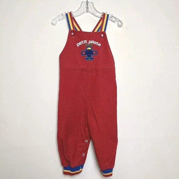 Vintage Health-Tex Airplane Toddler Corduroy Red Overalls Petit‎ Pilot 24 Months