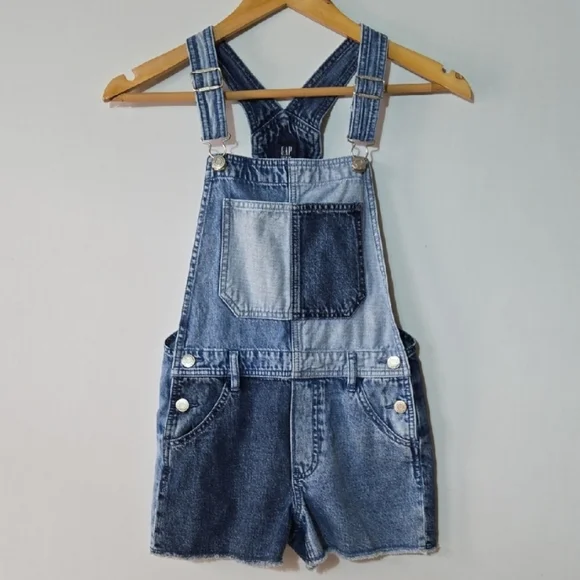 GAP Girl's Denim Shortalls Size L 10  Jean‎ Overall Shorts Patchwork Colorblock