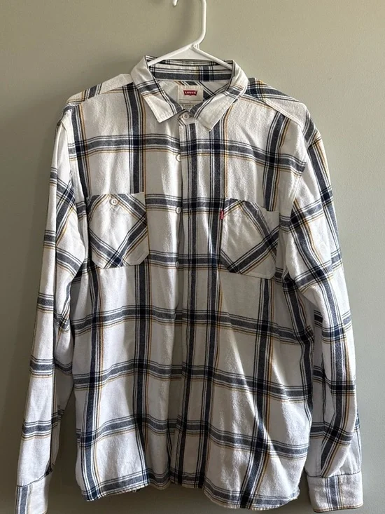 Levi's White Plaid Button-Down Shirt with Navy and Tan Stripes
