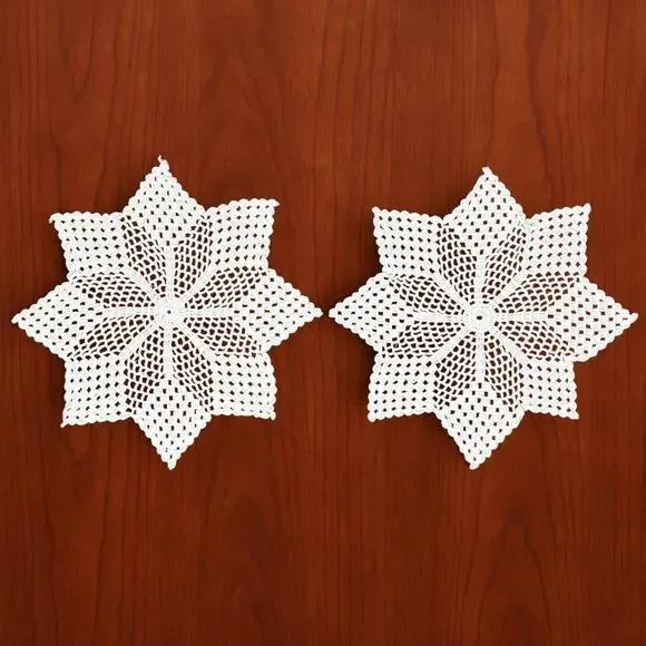 Vintage Hand Crocheted Doilies Set 2 White Table Topper Openwork Star Snowflake