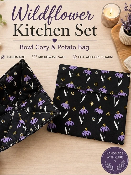 Handmade Wildflower Bowl Cozy & Potato Bag Set | Cottagecore Kitchen Gift