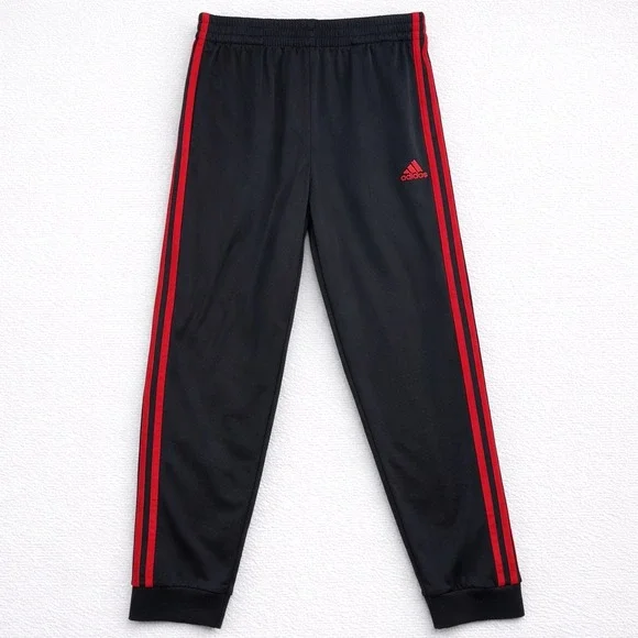 Adidas‎ Kids XL 18/20 Track Pants Black Red 3-Stripe Joggers Recycled Polyester