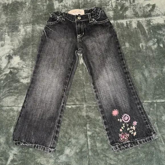 Vtg‎ Fall 2001 Old Navy Jeans Girls 4T Faded Black Denim Floral Adjustable Waist
