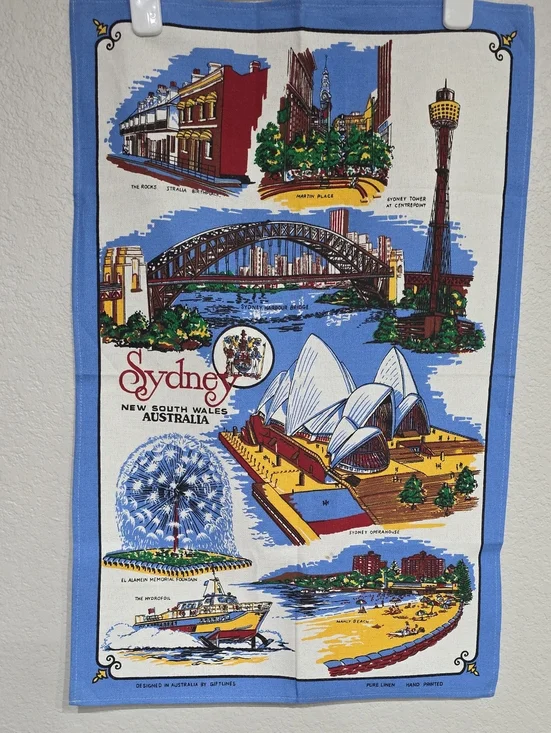 Sydney Australia Blue White Illustrated Cotton Kitchen Tea Towel