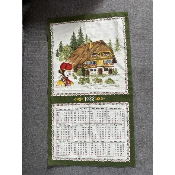 Vintage Linen 1988 German Folk Art Kitchen Calendar Tea Towel Piepmats Dessin
