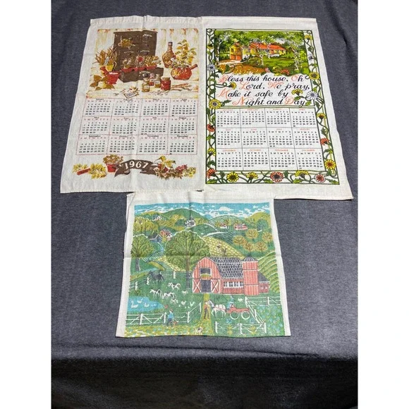 Vintage Calendar Tea Towels Lot 3 Multicolor 1967 1972 1973 Linen Farmhouse