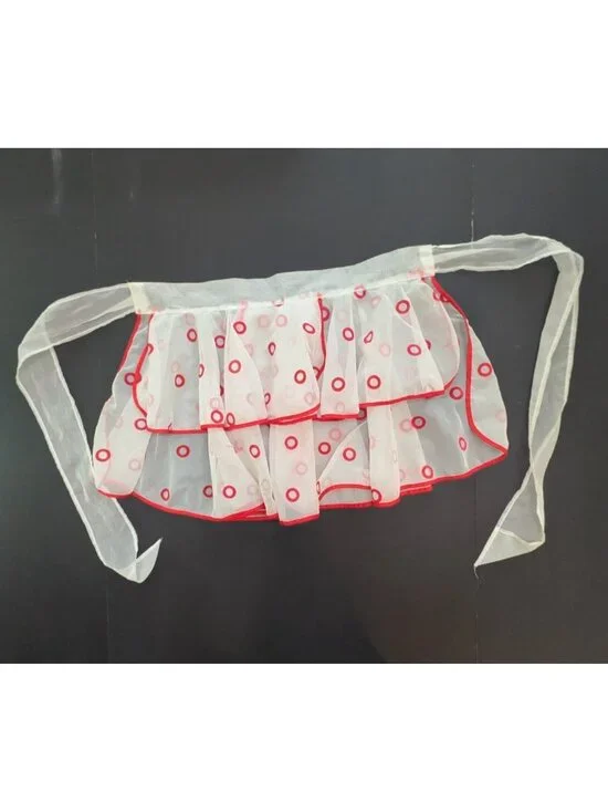 Vintage Sheer White Half Apron Embroidered Red Circles and Piping Polka Dot