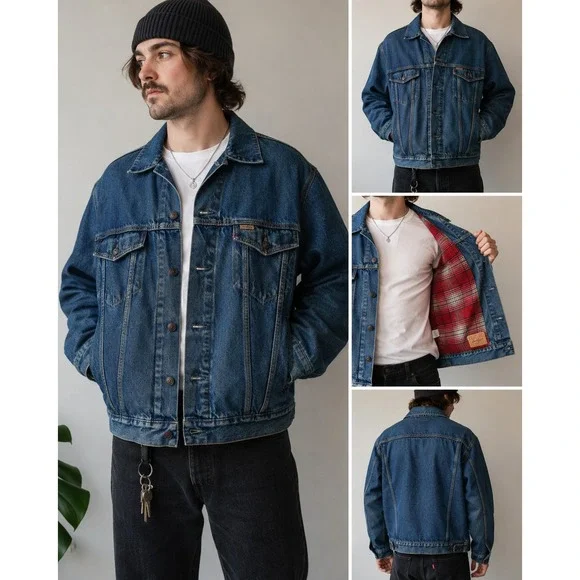 Vtg 90s Levis Denim Blue Jean Jacket Men XL Plaid Flannel Lined USA Cotton Heavy