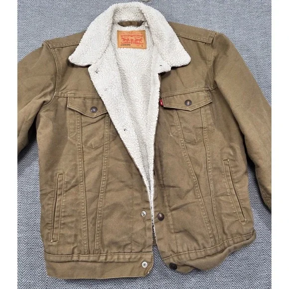 Levis Sherpa Lined Trucker Jacket Olive Green Canvas WaterLess Mens Small S‎