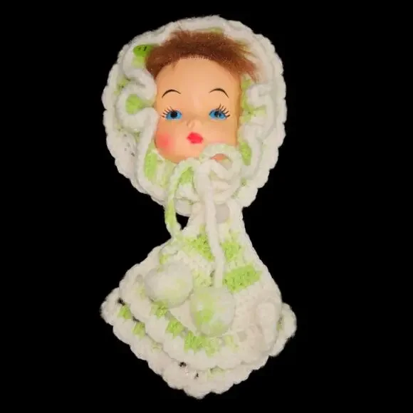 Vintage Crochet Doll Potholder Set Handmade White Green Kitchen Decor 3 Pc