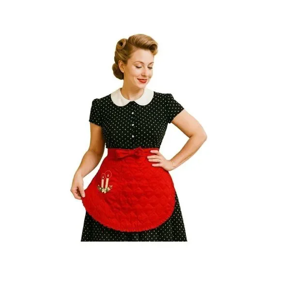 Vintage quilted red Christmas embroidered pocket apron.