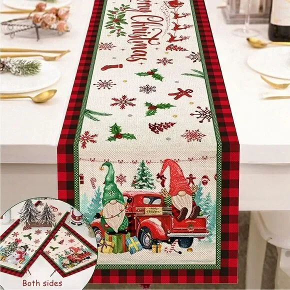 Christmas Burlap Linen Blend 108x13” Buffalo Plaid Table Runner