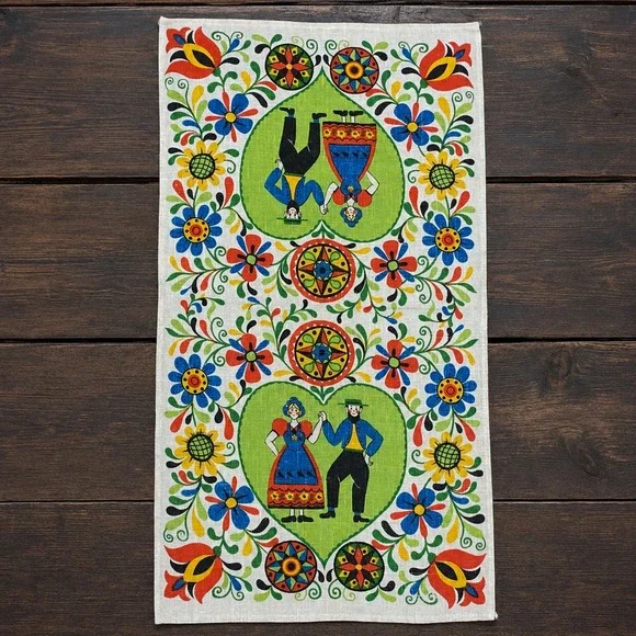 Vtg Folk Art Scandinavian Tea Towel Cotton Linen Country Kitchen Dance 26.5x15