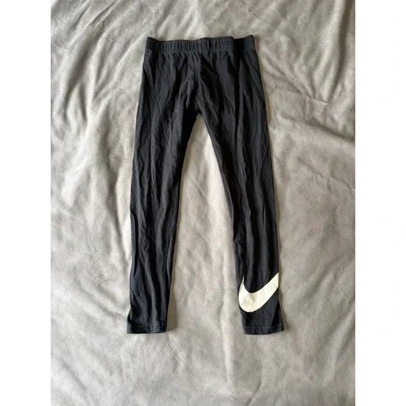 Nike Girls‎ Black Big Swoosh Logo Leggings Tights Size Medium M Activewear
