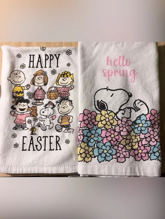 Peanuts 'Happy Easter' & 'Hello Spring' Cotton Kitchen Towels - White