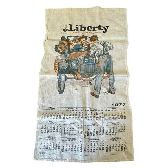 Tea Towel 1977 Calendar Linen Liberty Man Fixing‎ Car Vintage READ NOTE
