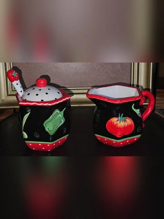 Coyne's & Company Black & Red Ceramic Tomato Sugar Jar and Creamer Set