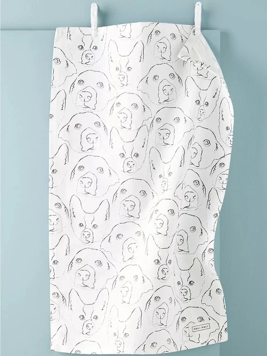 New🌟Anthropologie-Doggie Dish Towel  - White with Black Sketches