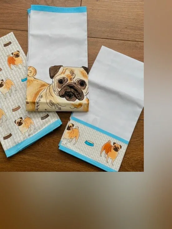 SWEET MILLY GREEN LONDON PUGS 3 PC KITCHEN TEA TOWELS NWT 100% COTTON DOG DOGS