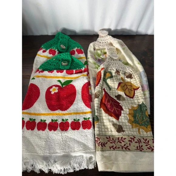 Vintage‎ Hanging Kitchen Towels Set of 4 Crochet Top Apple Autumn Floral USA