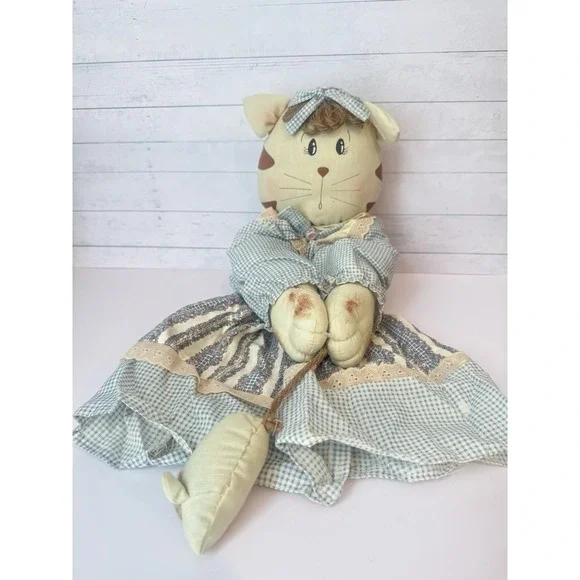 Handmade Country Cat Broom Cover / Broom Hider Cloth Doll – Blue Gingham – 19