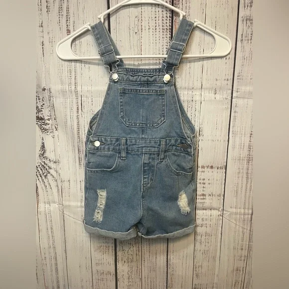 SHEIN Girls Denim Short Overalls 4Y Distressed Blue Jean‎