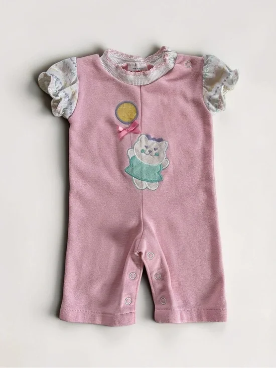 VINTAGE HEALTHTEX EUC Blush Pink Cat Holding Balloon Appliqué Knit Romper