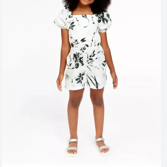 Tanya Taylor Mini Stevie Romper XS Green & Black Flowers on White Cotton Elastic