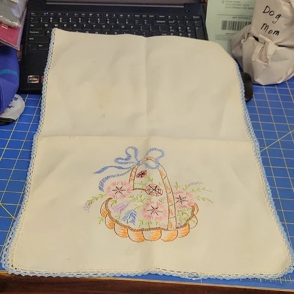Vintage Embroidered Floral Basket & Blue Trim 15