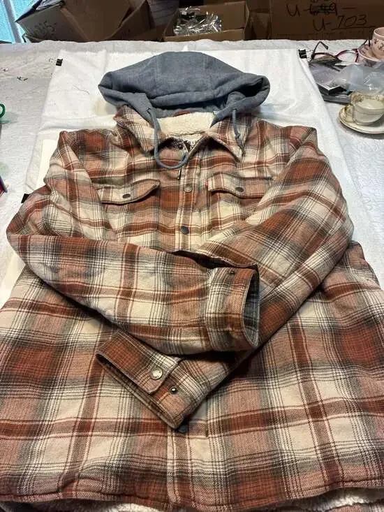 Levi's Men's Washed Cotton Plaid Shirt Jacket with Jersey Hood and Sherpa Lining