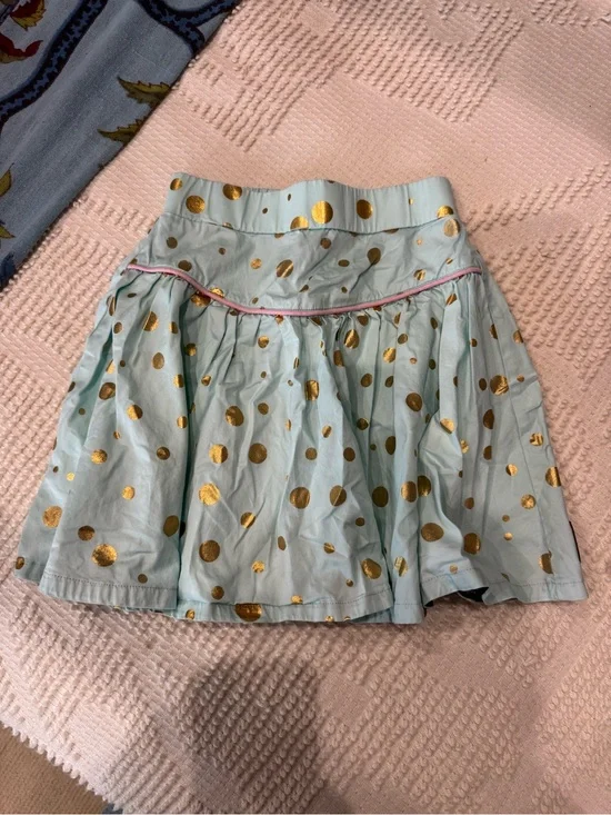 Matilda Jane Light Blue Skirt with Gold Polka Dots and Pink Trim