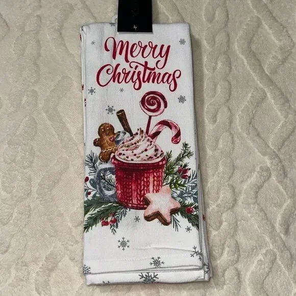 RACHEL ZOE Set of 3 Cotton White Red Green Christmas Gingerbread Kitchen Towels