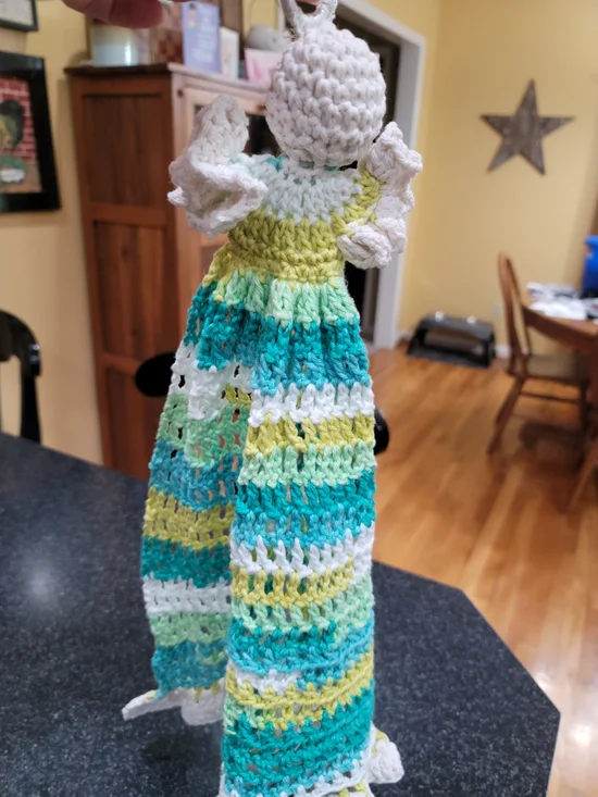 Handmade Crochet Angel Kitchen Towel - White, Aqua, Lime