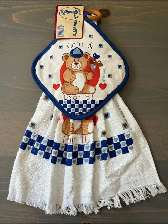 Vintage 80s Country Bear HANG-uPPs Kitchen Set Handtowel Pot Holder NOS USA NWT