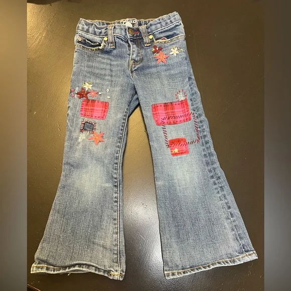 Baby Gap Stretch Y2k Floral Embroidery PatchWork Flare‎ Adjustable Blue Jeans 4