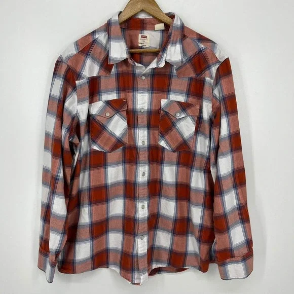 Levis Mens XXL Standard Fit Western Pearl Snap Plaid Long Sleeve Shirt Red White