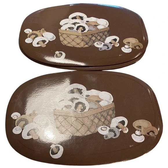 Vintage 1970s Brown Mushroom Basket Melamine‎ Vinyl Placemats Set of 6 Retro